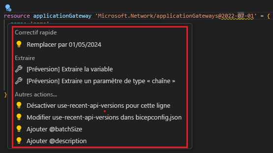 Capture d’écran des suggestions de correctif rapide Visual Studio Code.