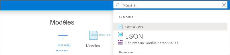 Capture d’écran de la barre de recherche dans le Portail Azure avec le terme « modèles » saisi dans la requête de recherche.