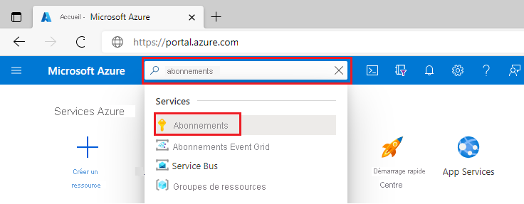 Recherche dans le portail Azure.