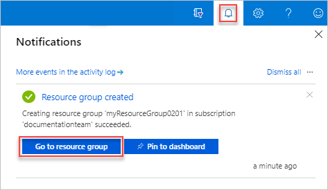 Capture d’écran du portail Azure avec le bouton « Accéder au groupe de ressources » dans le panneau Notifications.