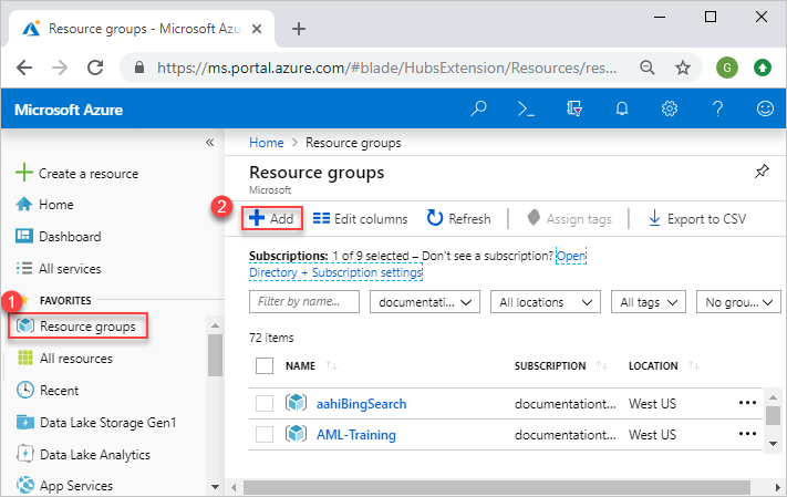 Capture d’écran montrant le portail Azure avec les options « Groupes de ressources » et « Ajouter » mises en évidence.