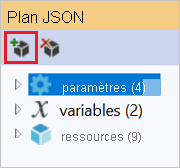 Capture d’écran de la fenêtre Structure JSON avec l’option Ajouter une nouvelle ressource mise en surbrillance.