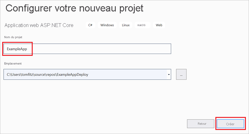 Capture d’écran de la fenêtre de nommage de projet pour l’application web ASP.NET Core.