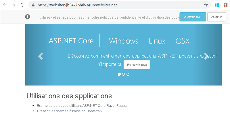 Capture d’écran de l’application ASP.NET déployée dans un navigateur web.