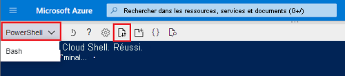 Capture d’écran de Azure Cloud Shell dans PowerShell avec l’option pour charger un fichier.