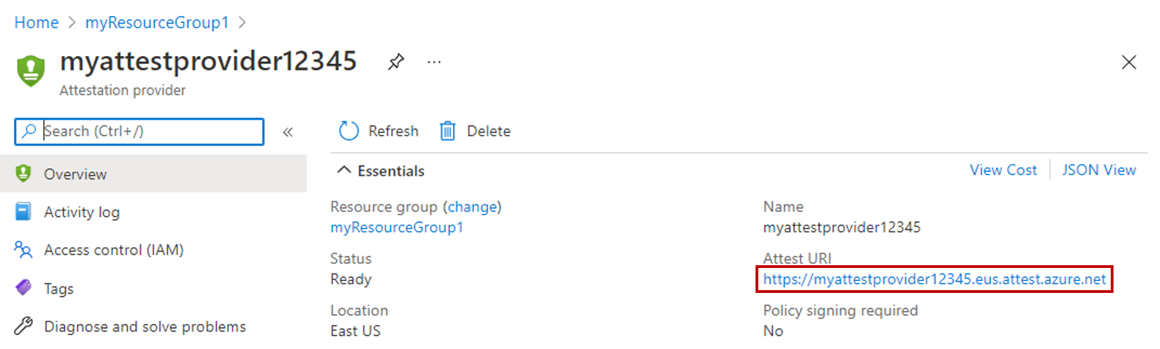 Screenshot of the attestation URL in the Azure portal.