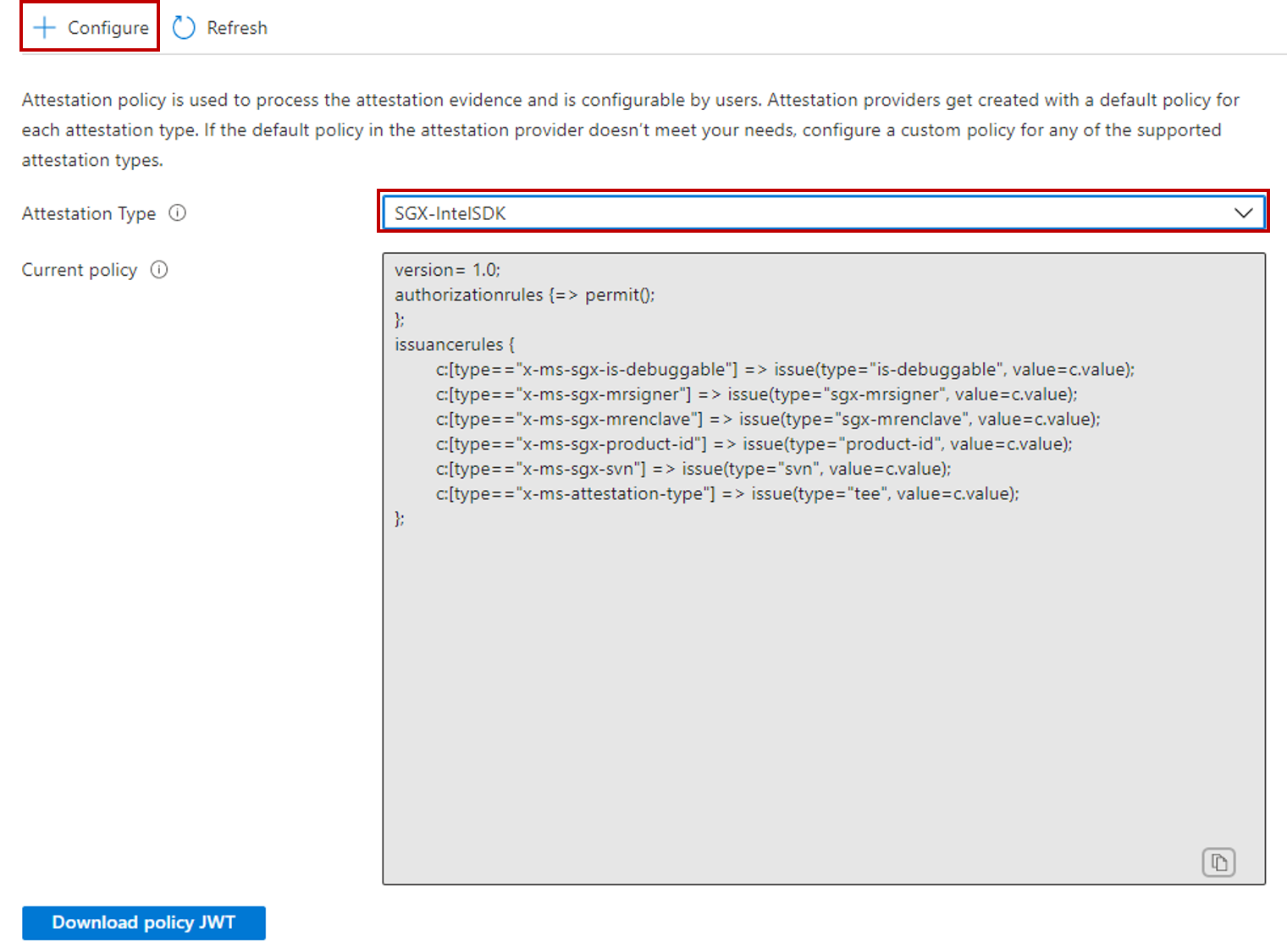 Capture d’écran de la configuration de la stratégie d’attestation dans le portail Azure.