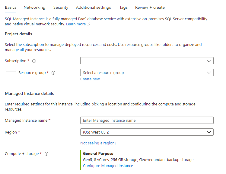 Capture d’écran du Portail Azure montrant l’onglet de base Créer une instance gérée SQL.