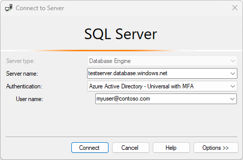 Capture d’écran des paramètres de la boîte de dialogue Se connecter au serveur dans SSMS, avec tous les champs renseignés.