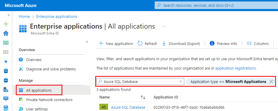Capture d’écran d’Azure SQL Database en tant qu’application Microsoft dans le portail Azure.