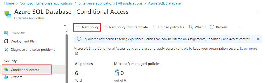 Capture d’écran de la page d’accès conditionnel pour une base de données Azure SQL dans le Portail Azure. 