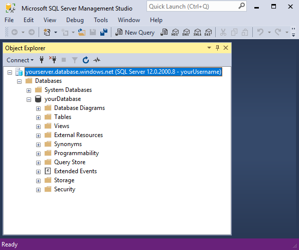 Capture d’écran de SQL Server Management Studio (SSMS) montrant des objets de base de données dans l’Explorateur d’objets.