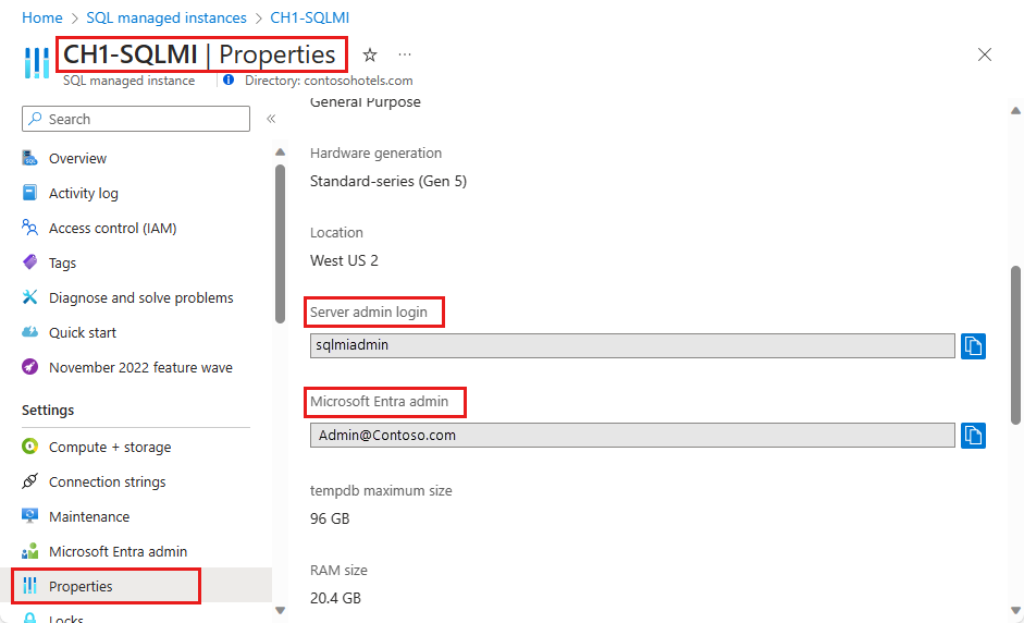 Capture d’écran montrant la page Propriétés de l’instance gérée SQL dans laquelle vous pouvez obtenir les valeurs de connexion et d’administrateur Microsoft Entra.