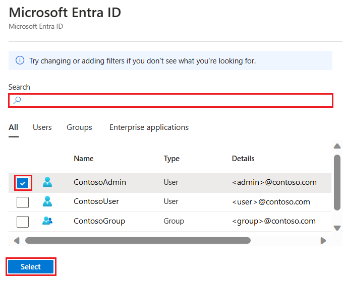 Capture d'écran de la page d’ajout d’administrateur Microsoft Entra dans le portail Azure.