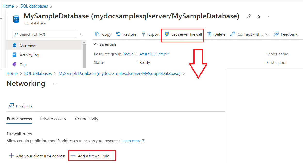 Capture d’écran du portail Azure, avec la page Définir une règle de pare-feu du serveur pour une base de données Azure SQL Database.