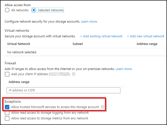 Screenshot showing Firewall and virtual networks dialog box, with Allow trusted Microsoft services to access this storage account selected.
