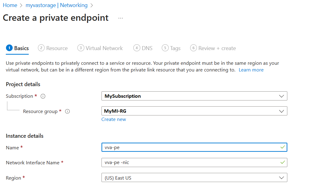 Screenshot shows private endpoint creation Basics tab.