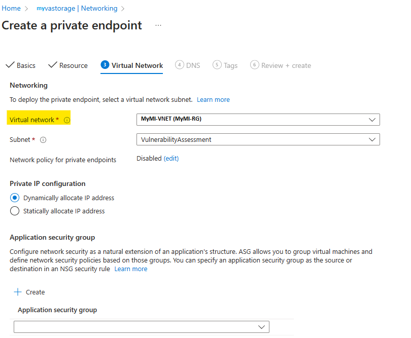 Screenshot shows private endpoint creation Virtual Network tab.