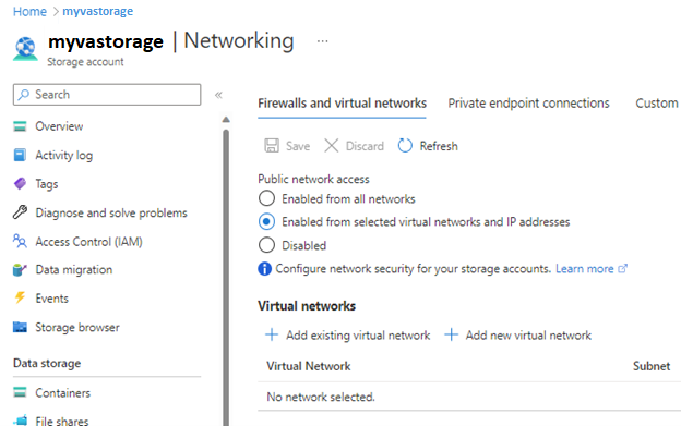 Screenshot shows Firewalls and virtual networks settings.