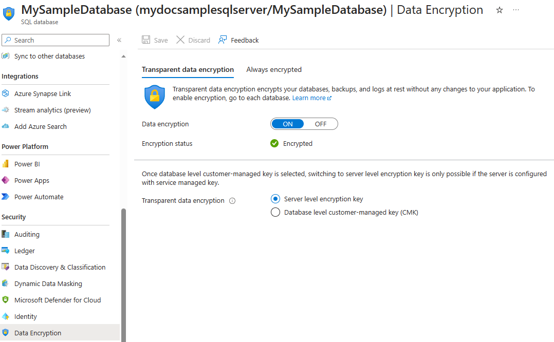 Capture d’écran du menu de chiffrement des données du portail Azure pour une base de données.