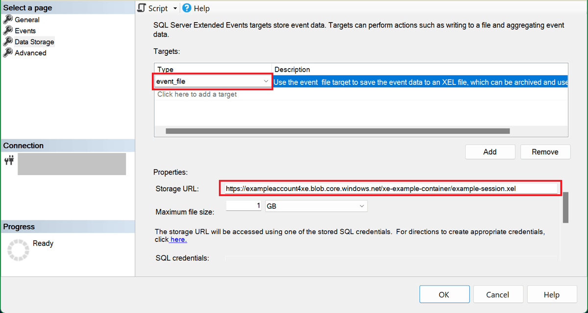 Screenshot of the New Session SSMS dialog showing the data storage selection page with an event_file target selected and an entered storage URL.