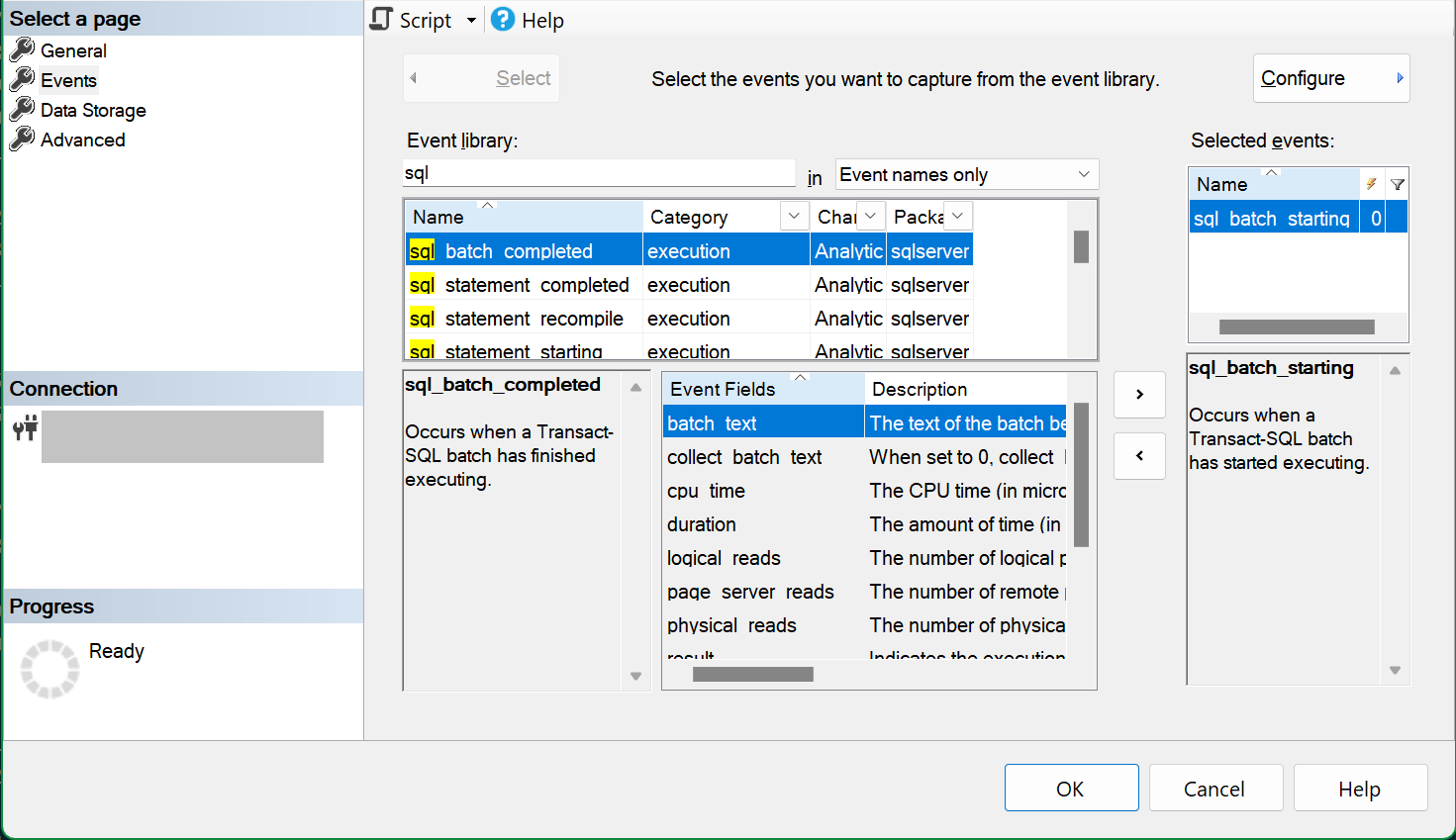 Screenshot of the New Session SSMS dialog showing the event selection page with the sql_batch_starting event selected.