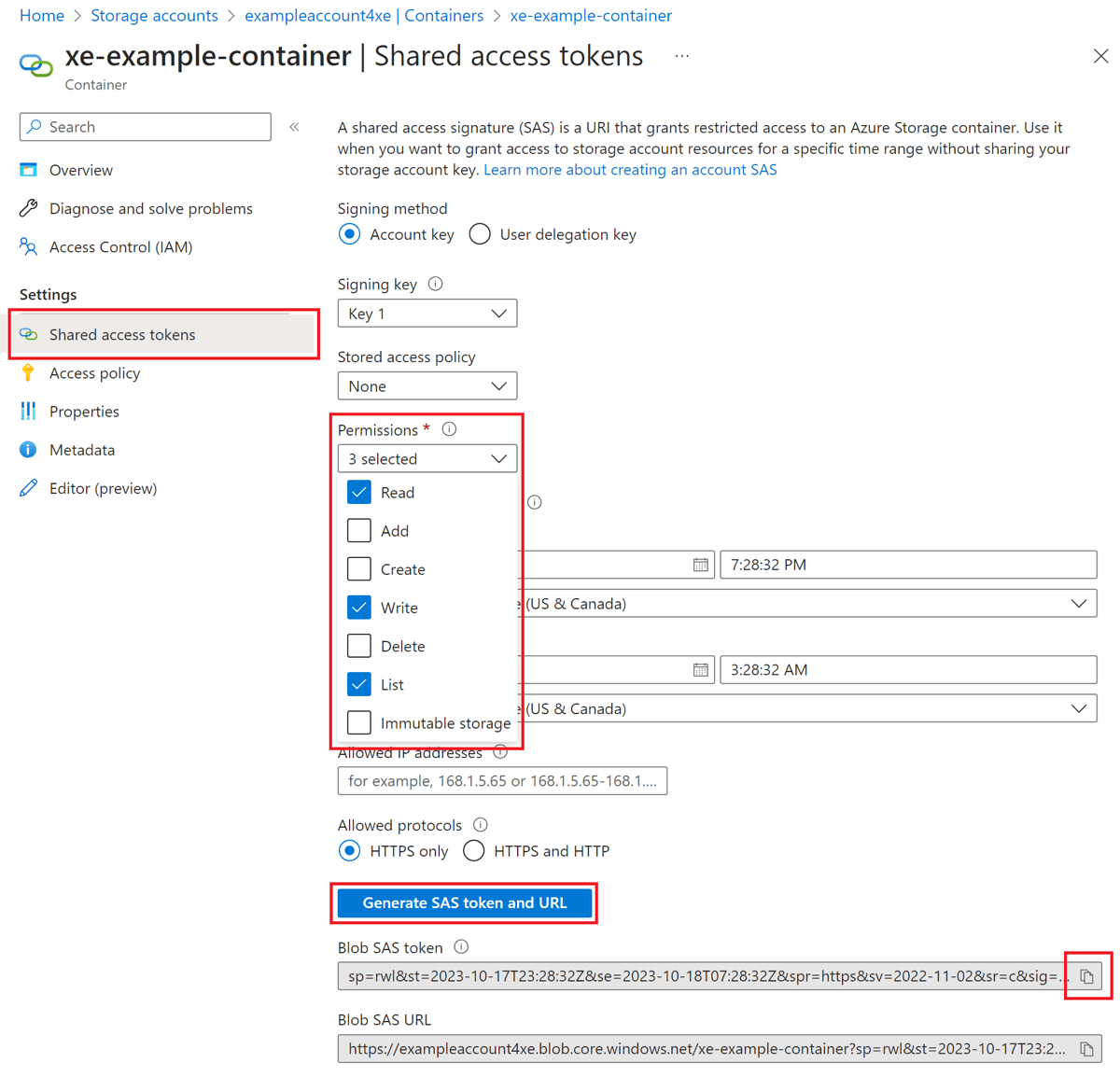 Capture d’écran de l’écran Jetons d’accès partagé pour un conteneur Stockage Azure, avec un jeton SAS généré pour un exemple de conteneur.