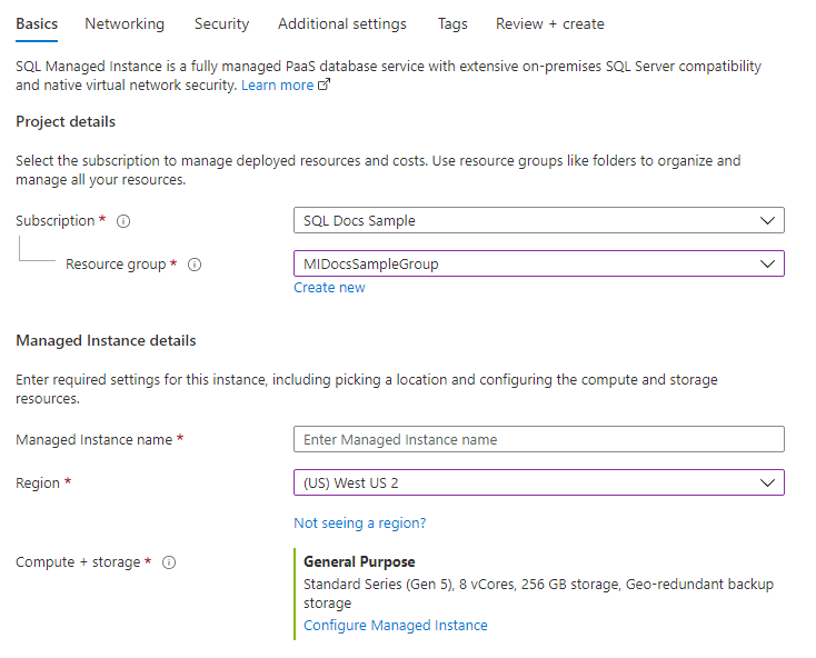 Capture d'écran du portail Azure lors de la création de l'onglet de base SQL Managed Instance