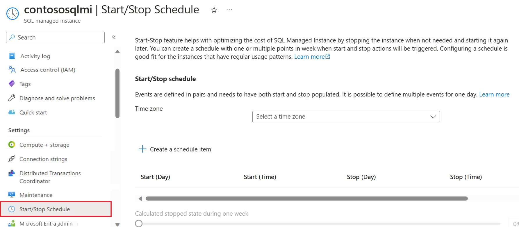 Screenshot of the 'Start/Stop schedule' page of the managed instance.