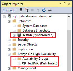 Capture d’écran montrant l'état de la base de données SQL Managed Instance et du groupe de disponibilité distribué.