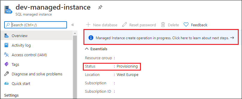 Managed instance create progress