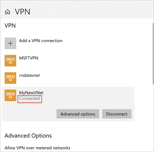 Capture d’écran de l’écran de connexion VPN Windows mettant en évidence le message de connexion qui s’affiche une fois votre connexion établie.