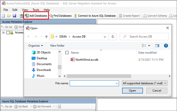 Capture d’écran de l’onglet « Ajouter des bases de données » dans SSMA pour Access.