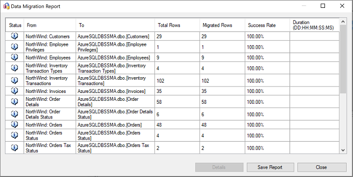 Capture d’écran du volet « Migrer le rapport de données » montrant un exemple de rapport à consulter.