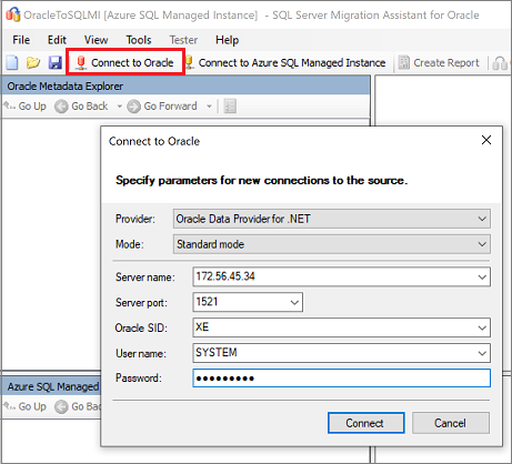 Screenshot that shows Connect to Oracle.