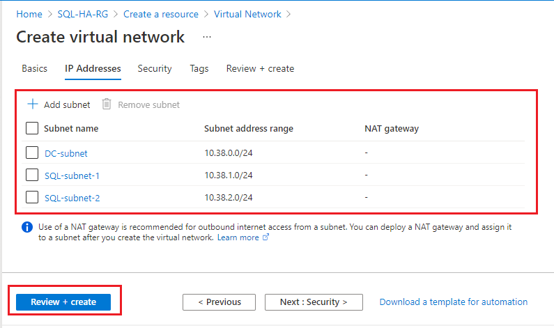 Capture d’écran montrant la validation des sous-réseaux lors de la création d’un réseau virtuel dans le portail Azure.