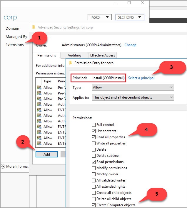 Capture d’écran du Centre d’administration Active Directory - Autorisations utilisateur d’entreprise