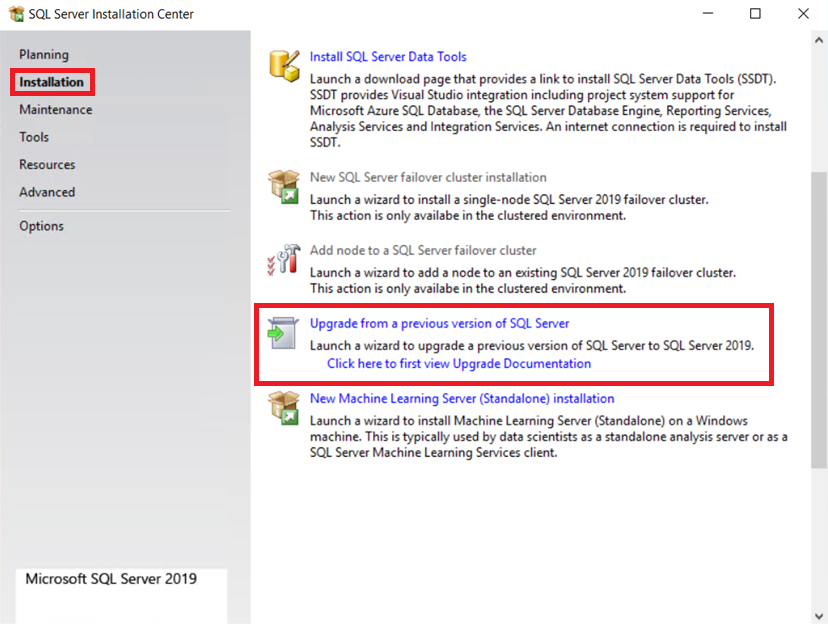 Sélection pour la mise à niveau de la version de SQL Server.