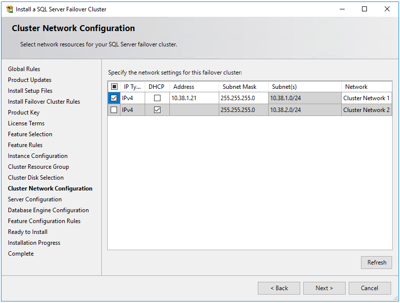 provide the secondary IP address in the subnet of the first SQL Server VM that you previously designated as the IP address of the failover cluster instance network name