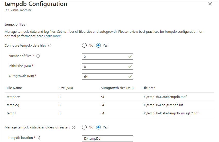 Capture d’écran de la page de configuration tempdb du portail Azure à partir de la page des ressources des machines virtuelles SQL.