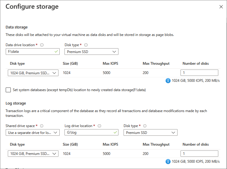 Capture d’écran de la Portail Azure de la page configuration de la machine virtuelle SQL Server Stockage lors de l’approvisionnement.