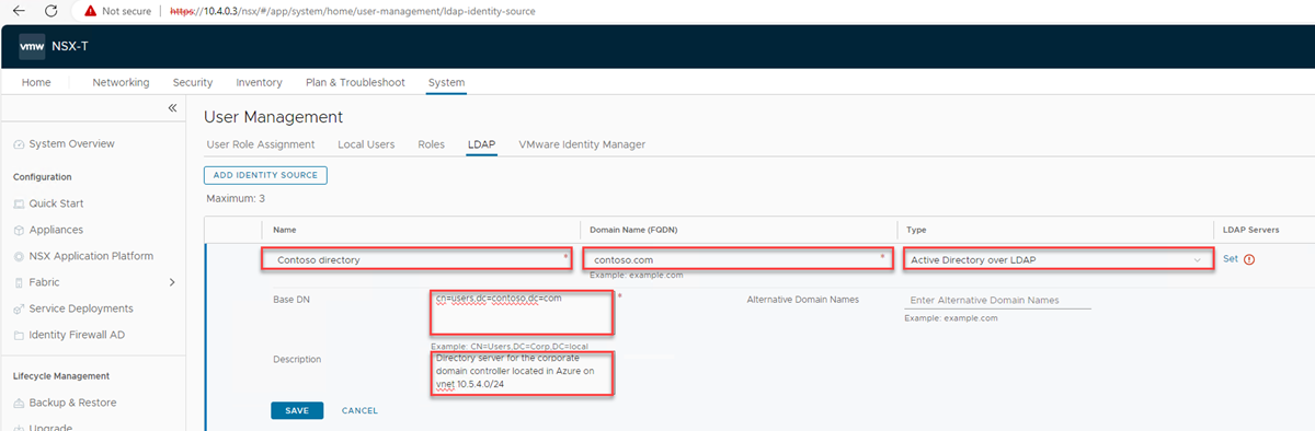 Capture d’écran montrant la page Ajouter une source d’identité de gestion des utilisateurs dans NSX Manager.