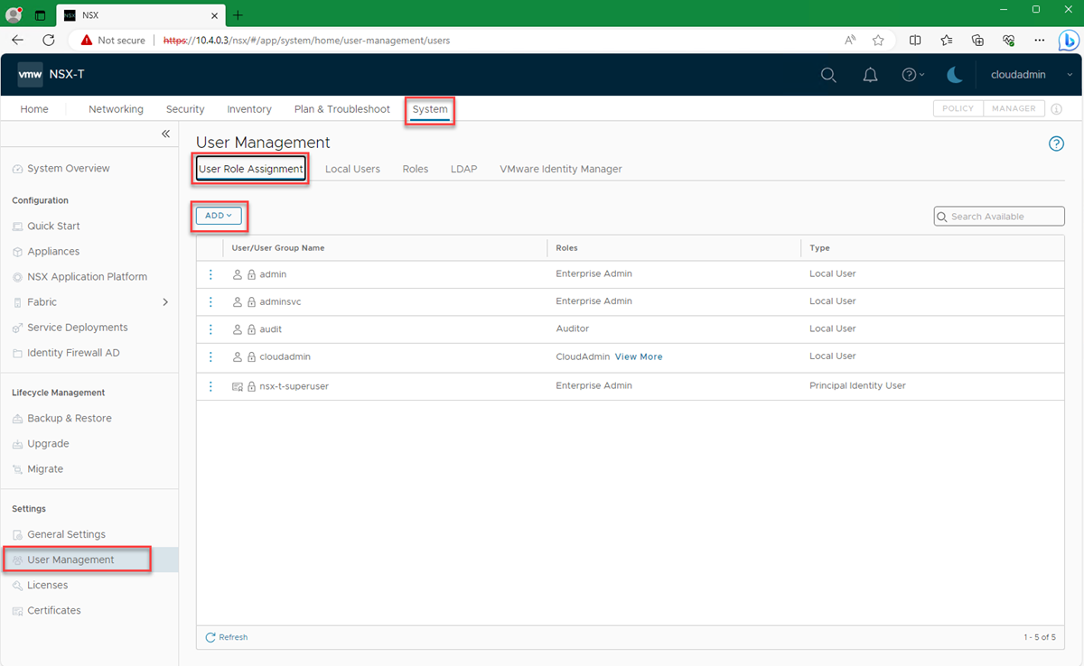 Capture d’écran montrant la page Gestion des utilisateurs dans NSX Manager.