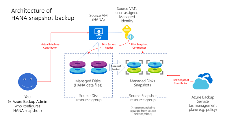 Le diagramme montre l’architecture de sauvegarde des instantanés d'instance de la base de données SAP HANA.