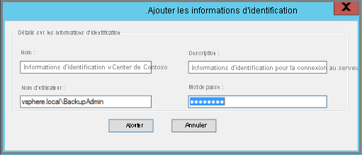 Screenshot shows the Azure Backup Server Add Credential dialog box.