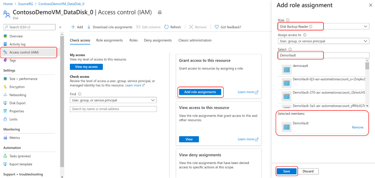 Capture d’écran montrant le processus permettant d’attribuer le rôle de Lecteur de sauvegarde de disque à l’identité managée du Coffre de sauvegarde sur le Disque source qui doit être sauvegardé.