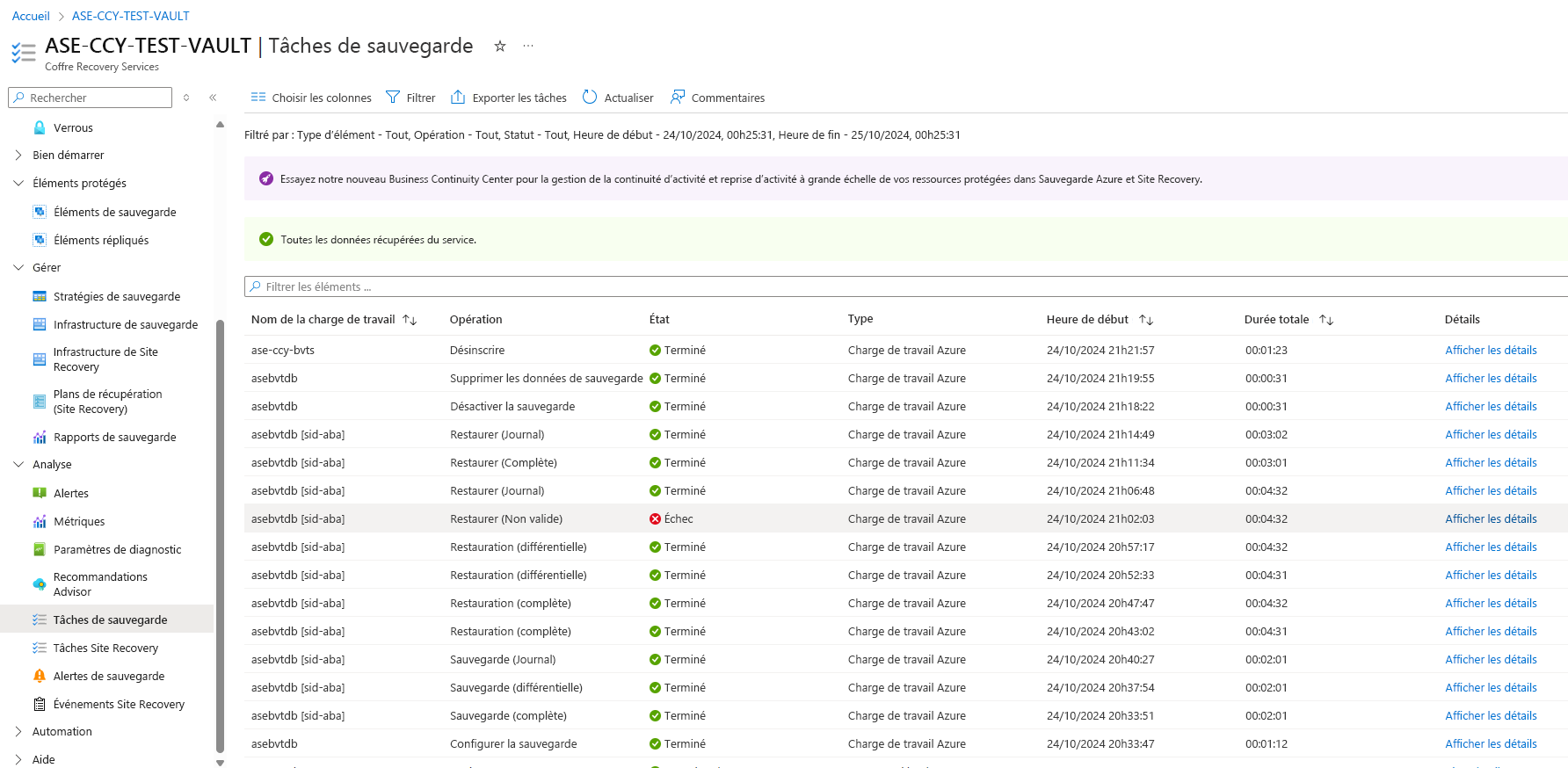 Capture d’écran montrant comment superviser les travaux de sauvegarde.