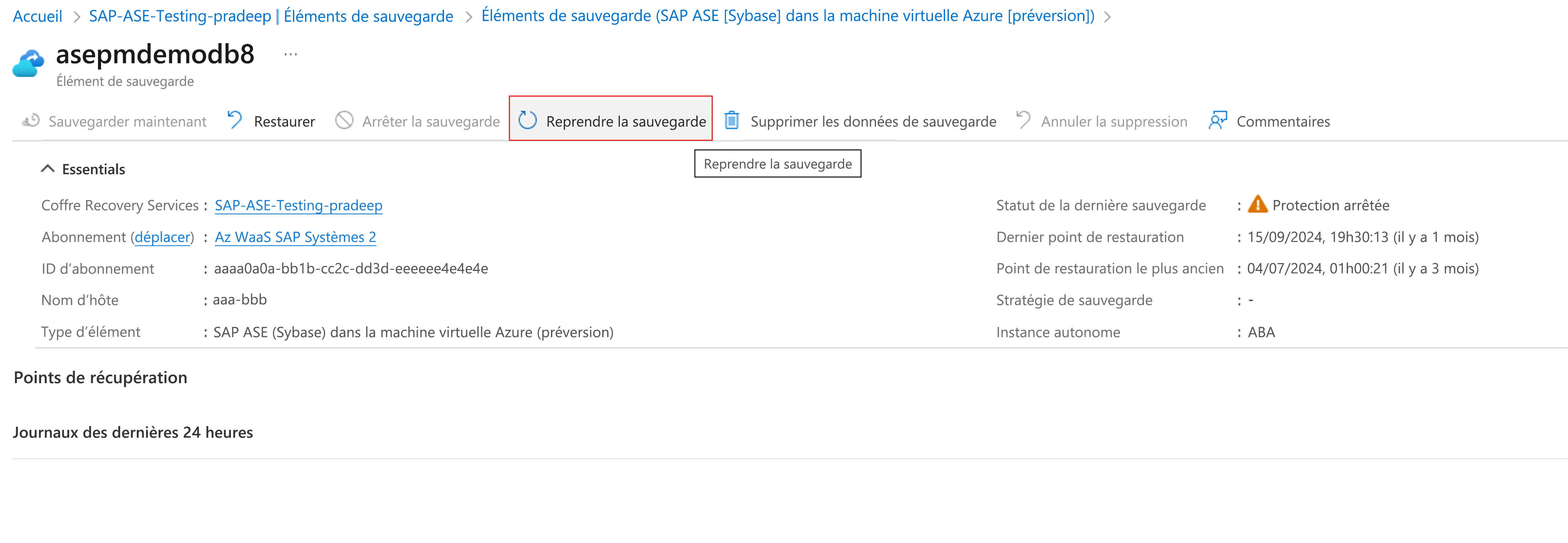 Capture d’écran montrant comment reprendre la sauvegarde.