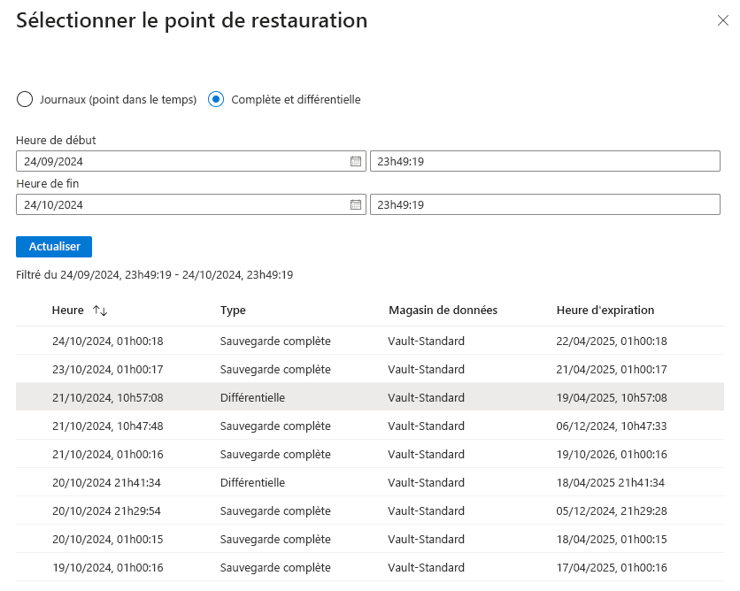 Capture d’écran montrant comment sélectionner un point de restauration.