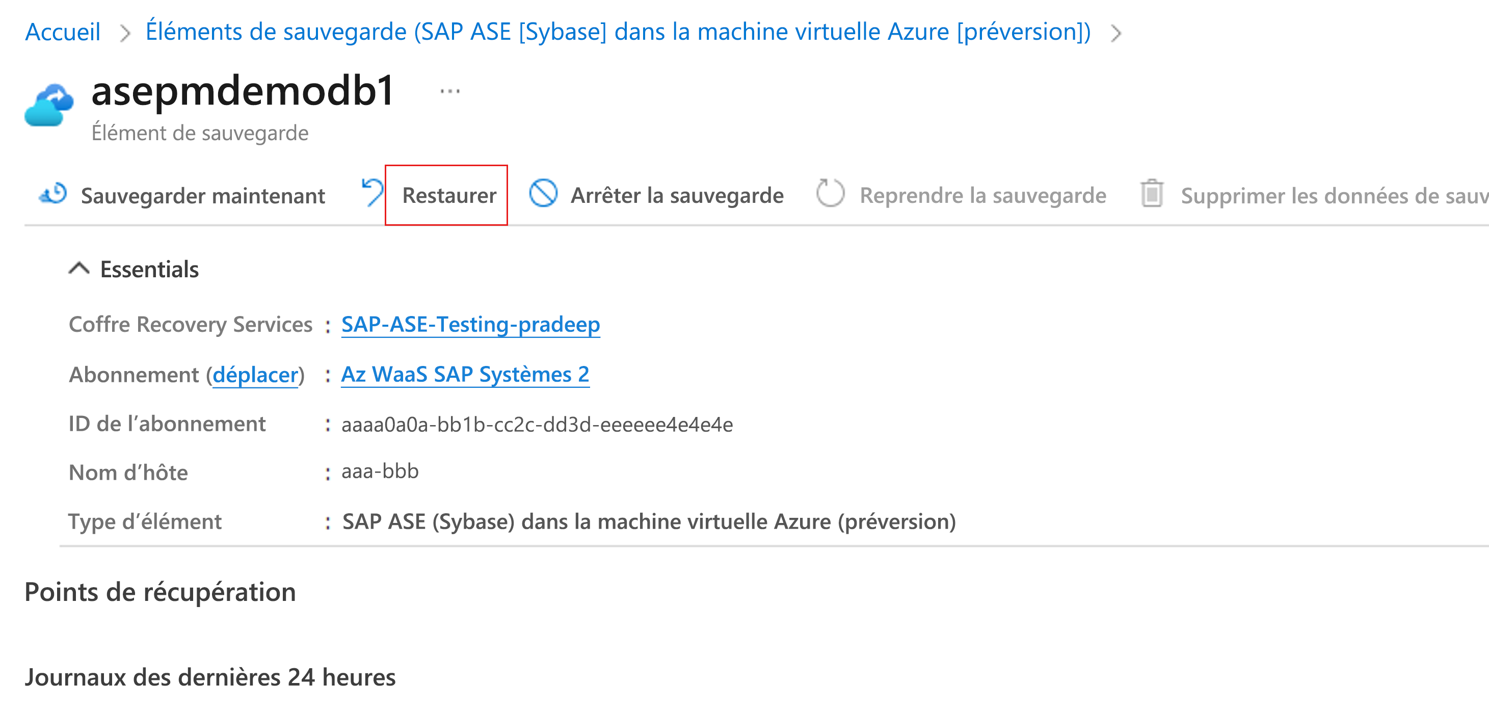 Capture d’écran montrant comment sélectionner la restauration.